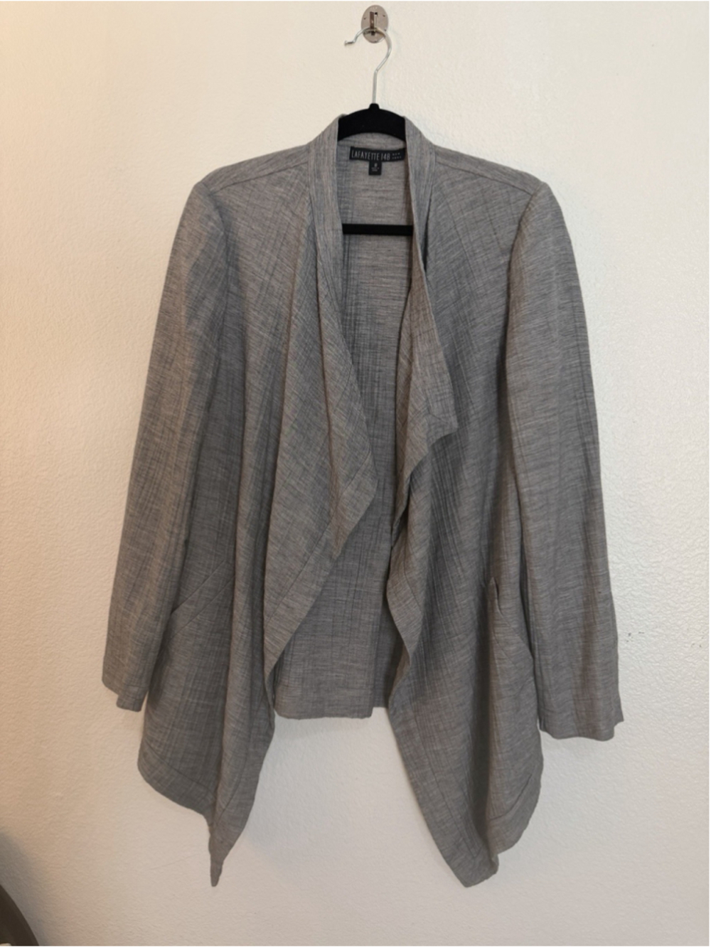 Lafayette 148 Womens Size 10 Gray Open Front Waterfall Silk Blend Jacket 250502